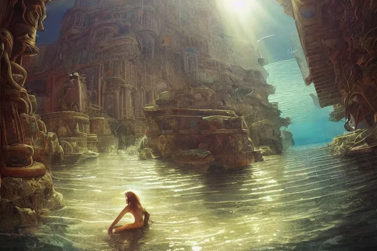 Prompt: a beautiful painting of the lost city of Atlantic city under water, ray of sunlight, mermaid in distance, Greg Rutkowski, Moebius