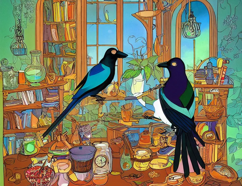 Image similar to magpie in an alchemist's study. this colorful vector art by the beloved children's book illustrator has a beautiful composition, dramatic lighting.