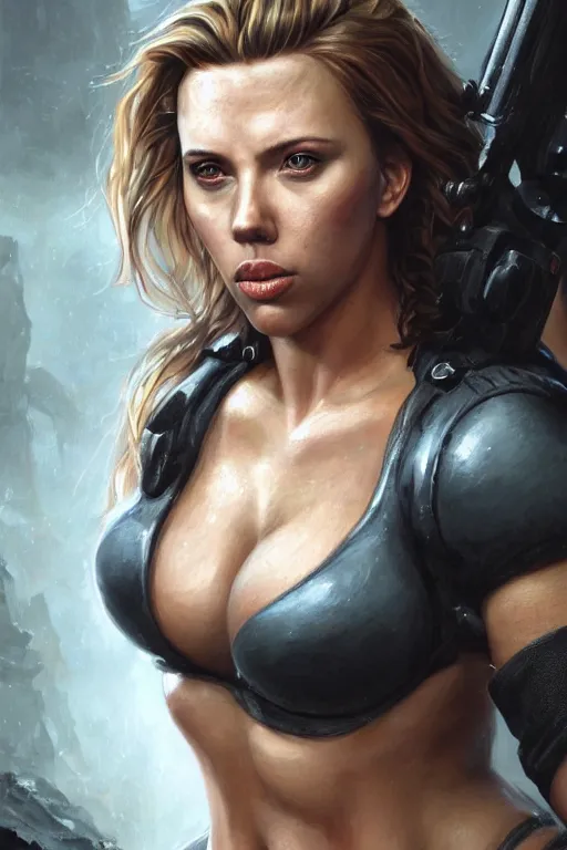 Image similar to detailed portrait of scarlett johansson as a thick female bodybuilder lara croft, attractive, beautiful, fantasy, intricate, elegant, highly detailed, digital painting, artstation, concept art, matte, sharp focus, illustration, art by aenaluck, artgerm and roberto ferri and greg rutkowski, epic fantasy, digital painting