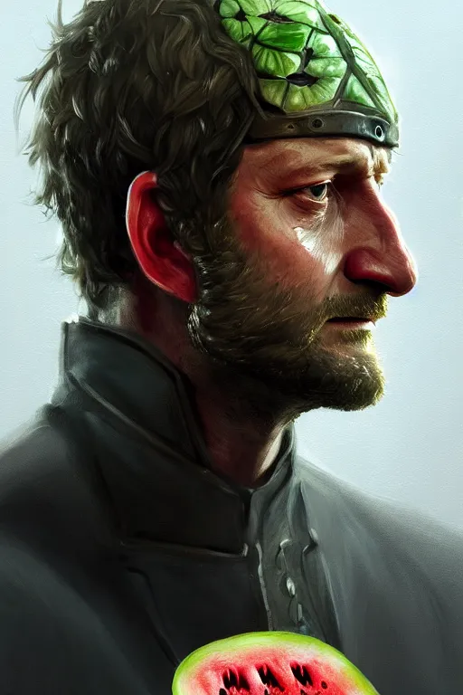 Image similar to portrait a watermellon with gerard butler as head, greek, intricate, headshot, key visual, conceptart, ambient lighting, highly detailed, digital painting, artstation, concept art, sharp focus, by makoto shinkai and akihiko yoshida and greg manchess