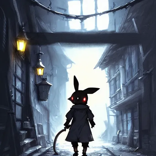 Image similar to pikachu in a back alley, art by greg rutkowski, in the style of bloodborne, intricate, elegant, highly detailed, smooth, sharp focus, artstation