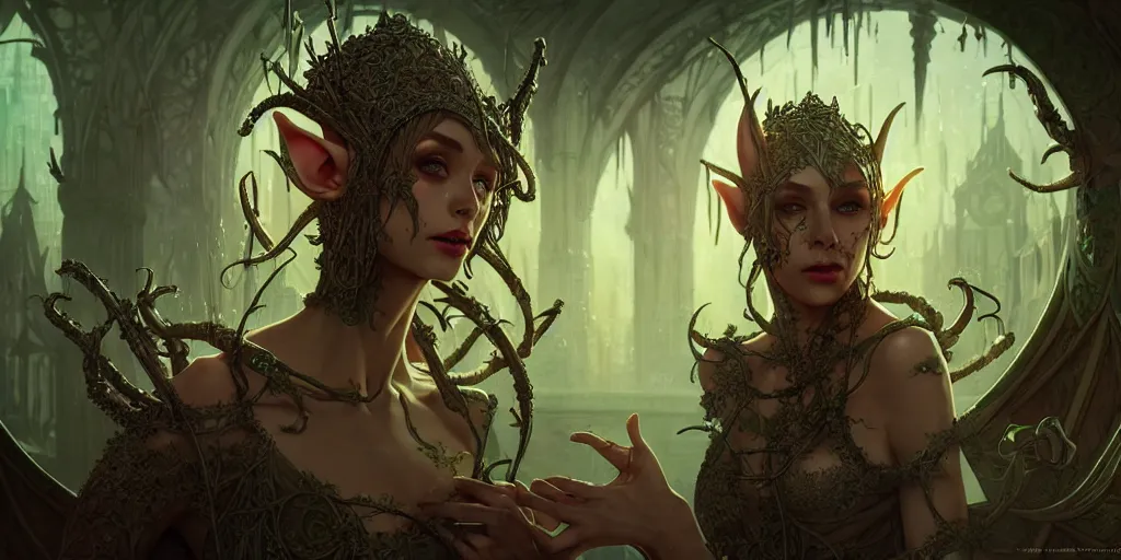 Prompt: beautiful plague - infected ancient elf, slime - covered elven city against blur, highly detailed, digital painting, artstation, sharp focus, illustration, cinematic, art by tan zi and ayanamikodon and alphonse mucha and wlop