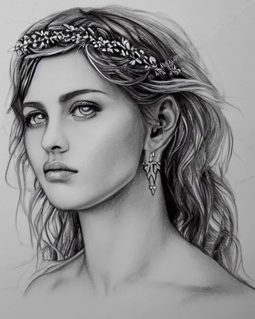 Image similar to pencil drawing of a beautiful greek goddess aphrodite wearing a laurel wreath and arrowhead earrings, beautiful confident eyes, beautiful flowing hair, hyper realistic face, in the style of artgerm, fantasy, amazing detail, epic, elegant, smooth, sharp focus, from the front, long shot