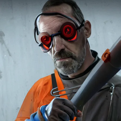 Prompt: Film still of Hugh Laurie dressed up as Gordon Freeman in an HEV Suit holding a crowbar for the Half Life Movie with a dark and foggy background, 4k resolution, 8k resolution, HD Quality, highly detailed, very detailed, detailed, studio quality lighting, digital art, trending on artstation, Dramatic, Dramatic Lighting, Dramatic Angle, Epic, film still