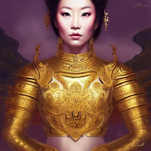 Prompt: beautiful realistic portrait of a gorgeous mongolian princess in a sensual pose covered with golden ornate armor, centered face, with full makeup, atmospheric lighting, intricate, volumetric lighting, beautiful, sharp focus, ultra detailed, in the art style of bowater, charlie, brom, gerald, lake baikal in the background, astrophotography