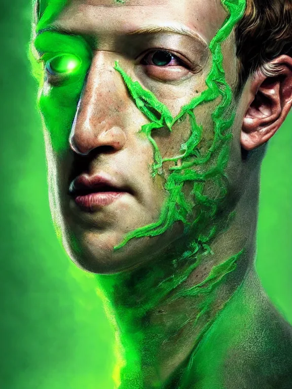 Prompt: portrait of a mark zuckerberg, skin peeling away to reveal bright green reptile!!! skin, art by ryo shiotani and greg rutkowski, intricate, beautiful, cinematic lighting, vintage art by serge ivanoff, high resolution, very detailed