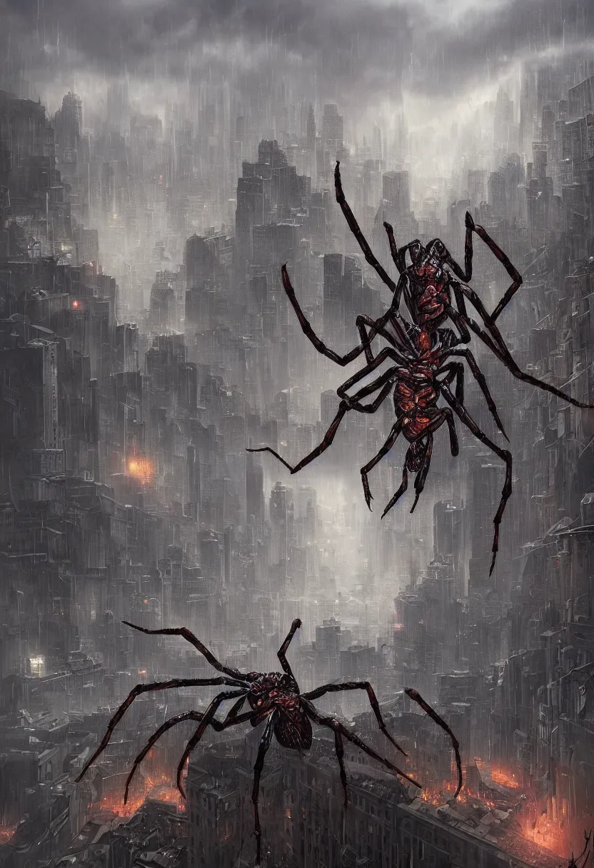 Image similar to A terrifying giant spider destroying a city, dramatic atmosphere, cinematic lighting, rain, masterpiece digital painting by Alex Grey, Greg Rutkowski, 4k wallpaper, artstation