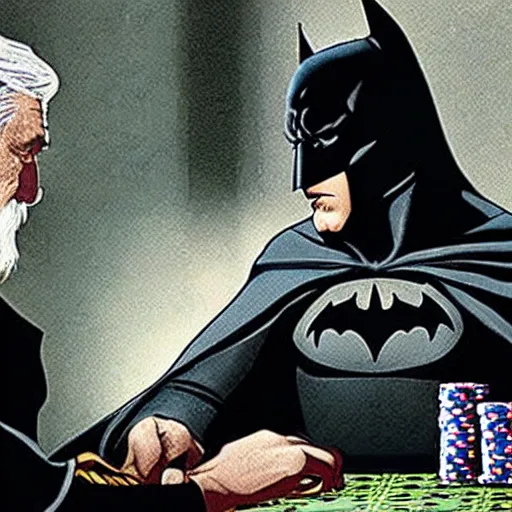 Image similar to Batman playing poker with Gandalf the Grey