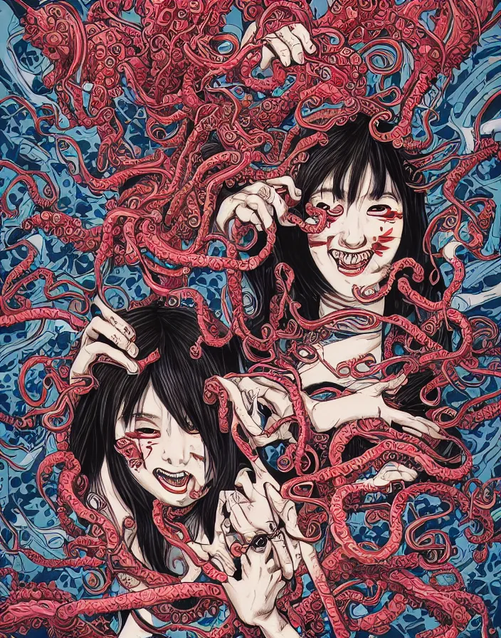 Image similar to intricate comic book style japanese horror poster japanese girl with fangs, graffiti, yokai, tentacles, by dan mumford, makoto shinkai and junji ito, 8k, highly detailed, unreal engine, crisp lines, volumetric lighting, featured on artstation, pixiv