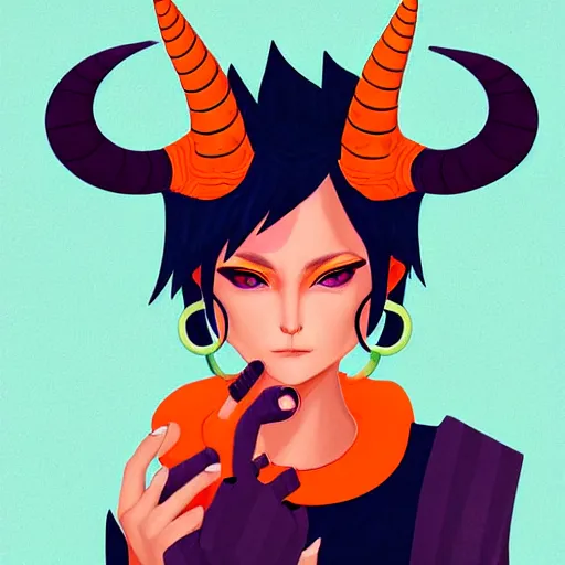 Prompt: illustrated portrait of ram-horned devil woman with blue bob hairstyle and colored orange skin tone and with solid black eyes and black sclera wearing leather by rossdraws