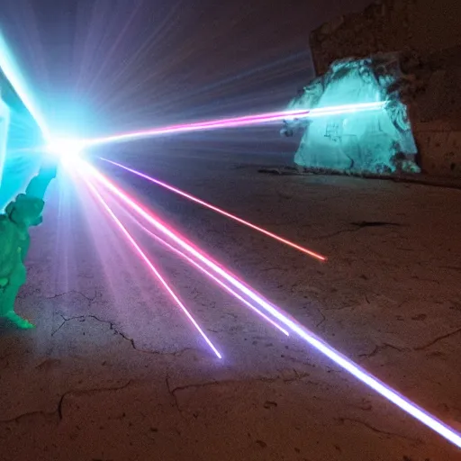 Image similar to A light blue neon thick laser beam flying between pieces of destroyed statues