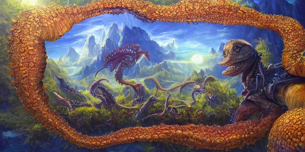 Image similar to fantasy oil painting, great leviathan, cybernetic turtle cephalopod terrapin reptilian pachyderm squid, bella hadid, hybrid, milla jovovich, anubis, epic natural light, lush plants flowers, spectacular mountains, bright clouds, luminous sky, outer worlds, golden hour, michael cheval, edward hopper, michael whelan, vray, hd