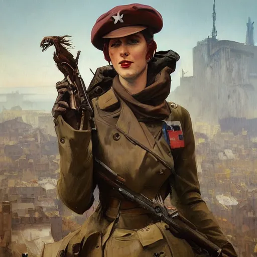 Prompt: a detailed matte painting of a cyborg velociraptor french resistance fighter wearing a beret, in nazi occupied france, 8 k, artstation, art by greg rutkowski and alphonse mucha
