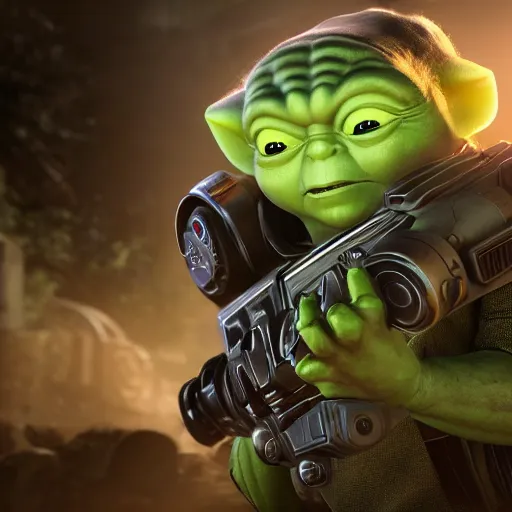 Image similar to yoda as buzz lightyear buzz lightyear in gears of war, splash art, movie still, cinematic lighting, dramatic, octane render, long lens, shallow depth of field, bokeh, anamorphic lens flare, 8 k, hyper detailed, 3 5 mm film grain