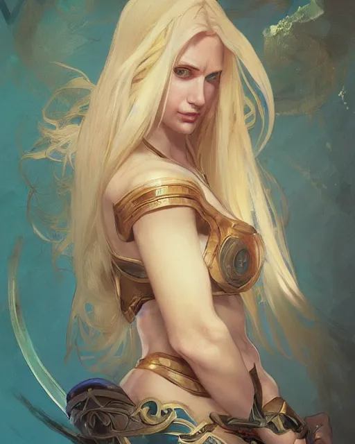 Image similar to '' Portrait of Beautiful blonde Slavic woman in her early 30’s, league of legends, LOL, fantasy, d&d, digital painting, artstation, concept art, sharp focus, illustration, art by greg rutkowski and alphonse mucha ''