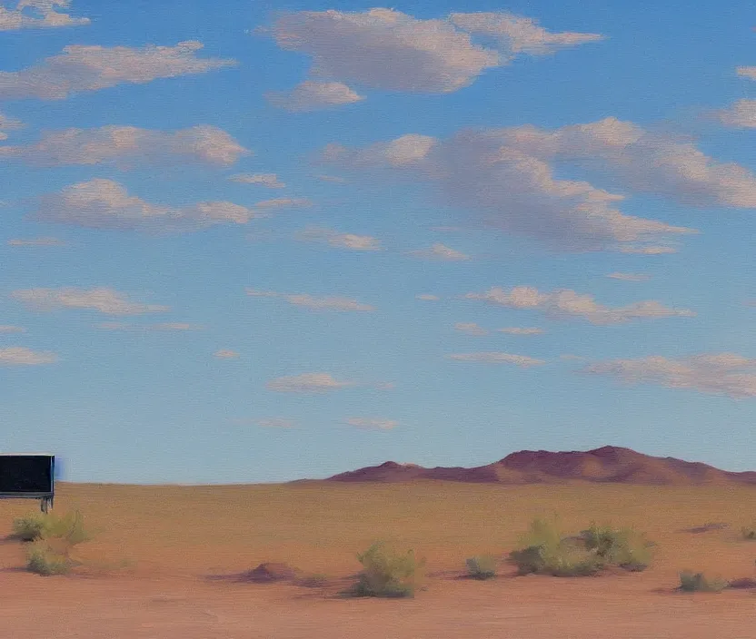 Image similar to a very detailed painting of one billboard in the empty desert, baby blue sky with very aesthetic stylized clouds, in the style of edward hopper, very small brushstrokes, 4 k,