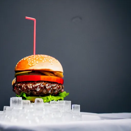 Image similar to a clear ice sculpture of a burger made entirely of ice, 4 k