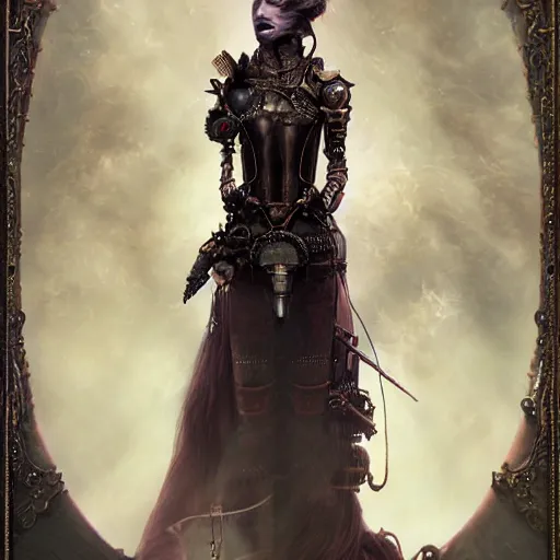 Prompt: rudolf freund dan mumford tom bagshaw, dream world, photorealistic soft paint of a single very beautiful aristocrat full long steampunk armored, ultra deep fog, purple black lustrous thin haircut, partial symmetry accurate features, focus, very intricate ultrafine details, award winning masterpiece, steampunk world