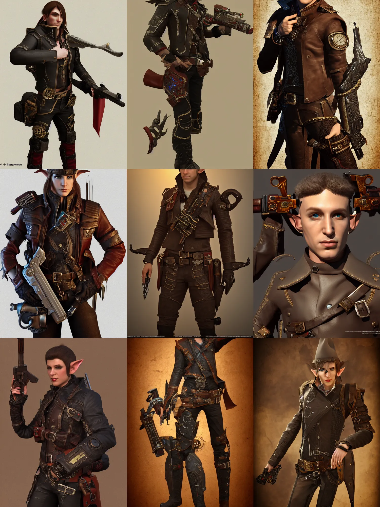 Prompt: Male Elf Gunslinger, portrait reference, dual guns, leather jacket, steampunk inspired, octane, 3d render, HD