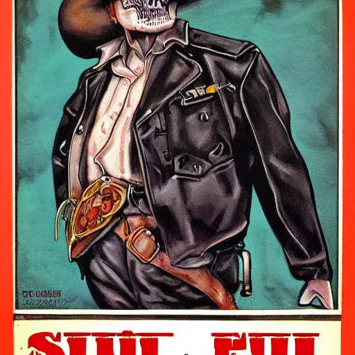 Image similar to skull - faced vaquero, pulp science fiction illustration