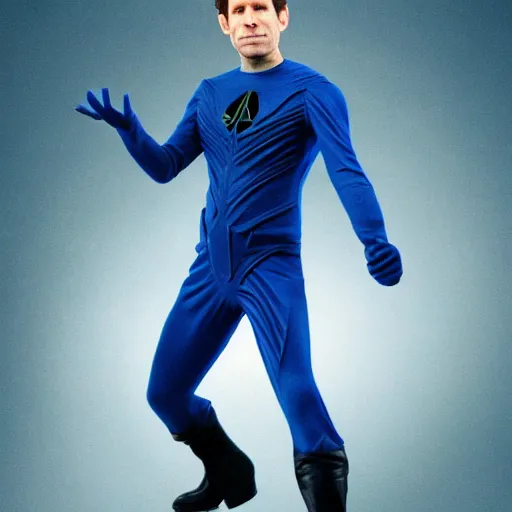 Prompt: glenn howerton as reed richards from the fantastic four, mr fantastic, blue suit, superhero, marvel