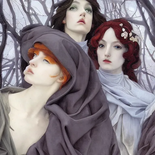 Image similar to 3 Figures as Winter Spirits, style is a blend of Æon Flux, Botticelli, and John Singer Sargent, inspired by pre-raphaelite paintings, shoujo manga, and Harajuku street fashion, moody frigid landscape, dark and muted colors, somber, hyper detailed, super fine inking lines, 4K extremely photorealistic, Arnold render