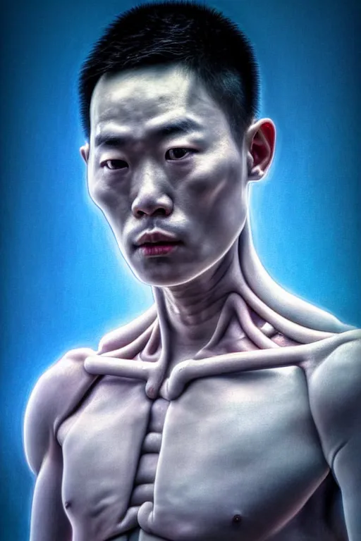 Prompt: hyperrealistic close-up pastel postmodern exoskeleton! chinese man highly detailed concept art eric zener elson peter cinematic hard blue lighting high angle hd 8k sharp shallow depth of field