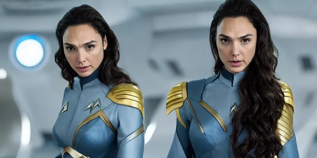 Image similar to gal gadot, in full starfleet uniform, is the captain of the starship enterprise in the new star trek movie