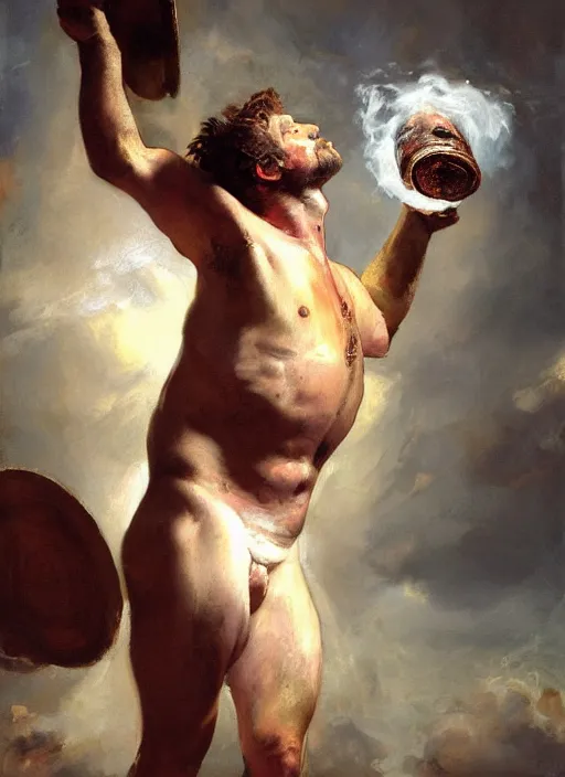 Image similar to beautiful oil painting portrait of hefty ethan van sciver as an ancient roman god holding up a steaming pie with one arm, art by anders zorn, wonderful masterpiece by greg rutkowski, expressive brush strokes, beautiful cinematic light, american romanticism by greg manchess, jessica rossier