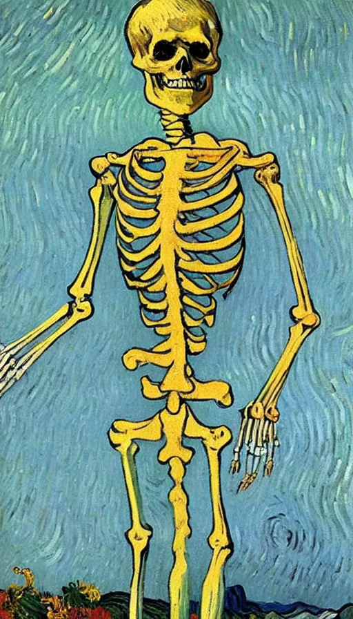 Image similar to 4k detailed painted portrait of a skeleton sailor (skeleton dressed like 19th century sailor, arms crossed) by Van Gogh