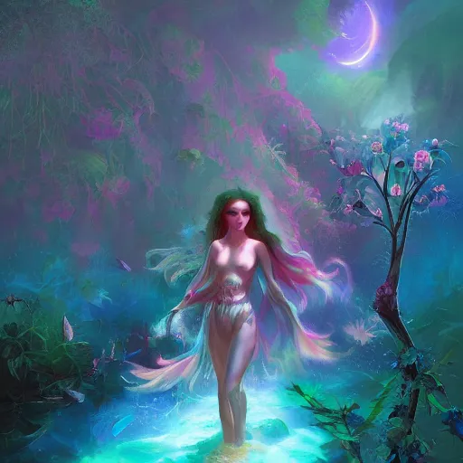 Image similar to i am attracting beautiful souls into my life 🌊✨🌸🌿, 8 k resolution detailed fantasy art, asymmetrical composition, anato finnstark marc simonetti lisa frank zbrush central gloomy midnight.