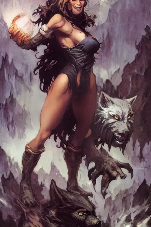 Image similar to a portrait of a werewolf girl transforming fantasy girl by Frank Frazetta and ross tran