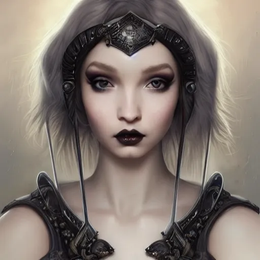 Prompt: tom bagshaw, very beautiful genetic mix of dove cameron madison beer bella poarch in a dark fantasy warrior splendid armor, ornaments, thin gothic makeup, professionally retouched, focus eyes, ultra realistic soft painting, insanely detailed linework, symmetrical accurate intricate features, behance artstation, 8 k