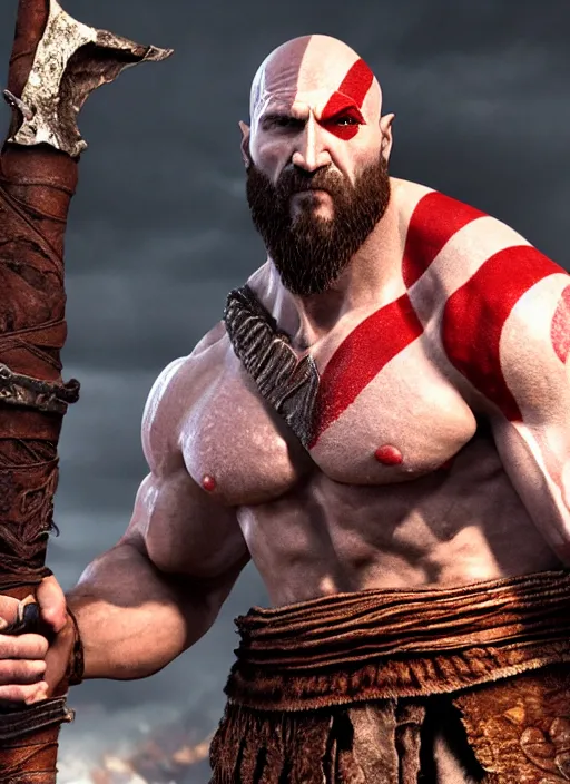 Prompt: film still from god of war, 3 d model, a highly detailed beautiful closeup photo of dwayne johnson kratos hybrid god of war holding a sword and fighting zombies on a pile of human skulls, spartan warrior, olympian god, muscular!,, action pose, ambient lighting, volumetric lighting, octane, fantasy