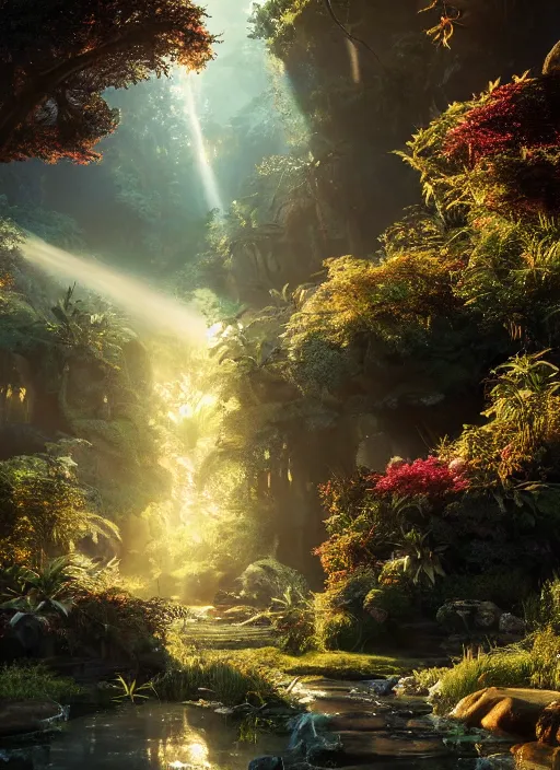 Prompt: beauteous sumptuous, with incredible indirect soft cinematic lighting, garden of eden, crystalline masterpiece incrustations, hyperdetailed features, movie still, intricate, octane render, cinematic forest lighting, unreal engine, crepuscular rays, god rays