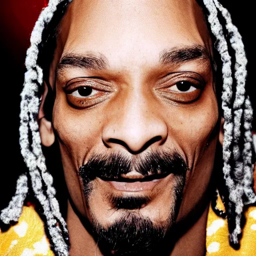 Image similar to Snoop Dog with big eyes eye color red , smiling and holding a joint in his hand