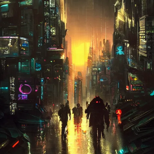 Prompt: Cyberpunk city, street vendors, citizens, augmented cyborgs, Blade Runner, Ghost in the Shell, Neuromancer, robots, skyscapers, buildings, clouds, sunset, painted by seb mckinnon, high detail, digital art, trending on artstation