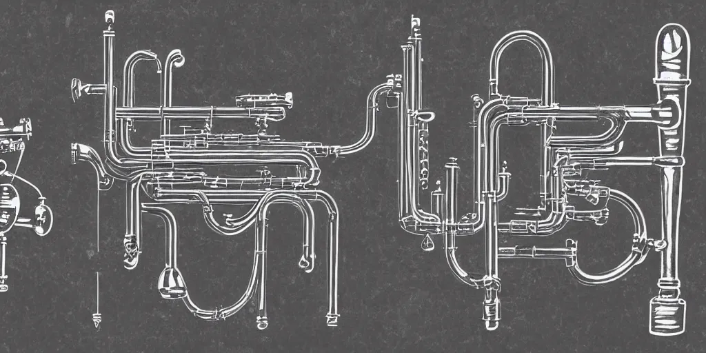 Prompt: mechanical diagram of an electronic trumpet made of silver, bone, pvc and miscellany