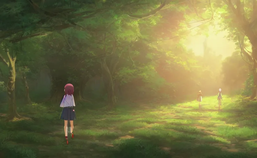 Prompt: An anime girl walking through a forest, surrounded by animals, anime scene by Makoto Shinkai, digital art