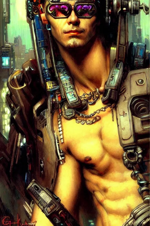 Prompt: cyberpunk, attractive male, character design, painting by gaston bussiere, katsuya terada, frank frazetta, tom of finland, trending on artstation