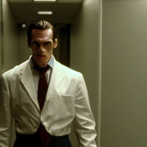 Image similar to Anthromorphic dragon man in the American Psycho (2000), doing the Bateman stare, cinematic still, 4K Bluray
