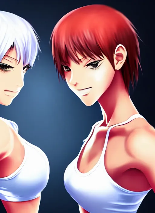 Prompt: two beautiful identical female fighters with short hair facing each other in gym, white top, dim lighting, gorgeous features, high resolution, detailed anime art