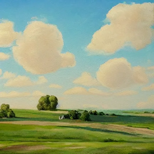 Prompt: This painting shows a beautiful summer's day. The blue sky is adorned with a scattering of fluffy white clouds. The scene is painted against a green background, and the hazy light of the sun has cast a rosy glow over everything.