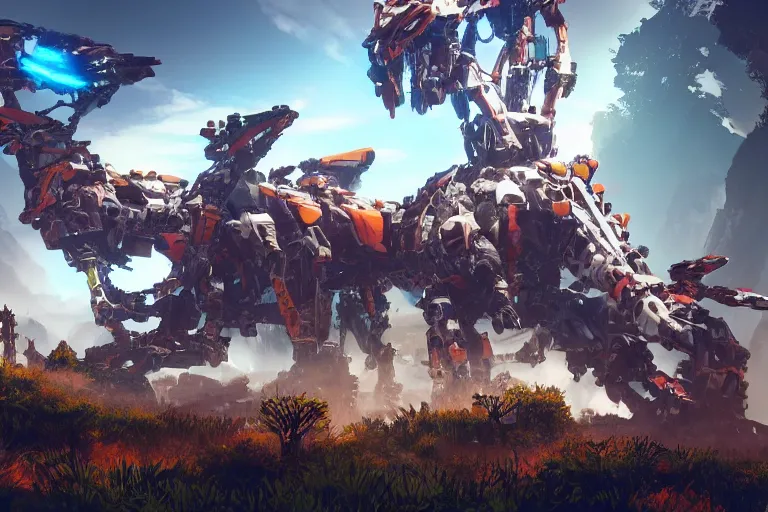 Image similar to scorcher machine mecha animal beast robot of horizon forbidden west horizon zero dawn bioluminiscence global illumination ray tracing hdr fanart arstation by sung choi and eric pfeiffer and gabriel garza and casper konefal