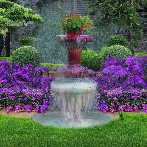 Prompt: tranquil painting of purple garden with green trees and a water fountain in the middle of garden, detailed, 8k, mesmerizing, low saturation, high resolution