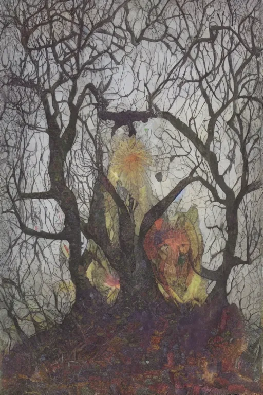 Image similar to tarot card, haunted woods, by andy kehoe