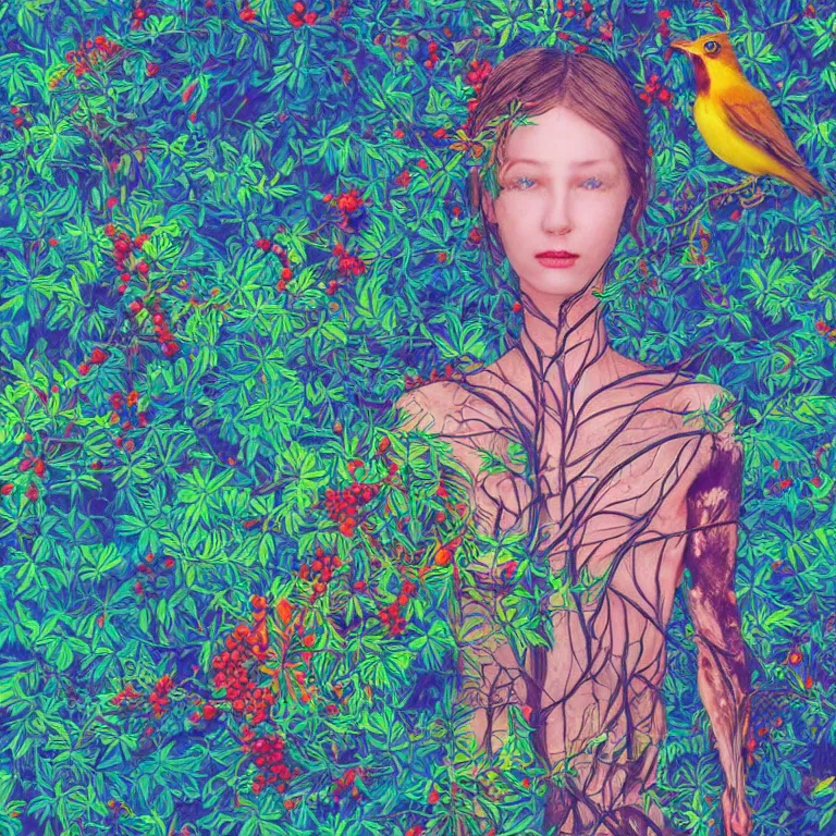 Image similar to human with the sea and the forest inside, veins diverge through the body like rivers filmed on a satellite, a person is decorated with wild berries, a beautiful bird is looking at him next, colorful picture