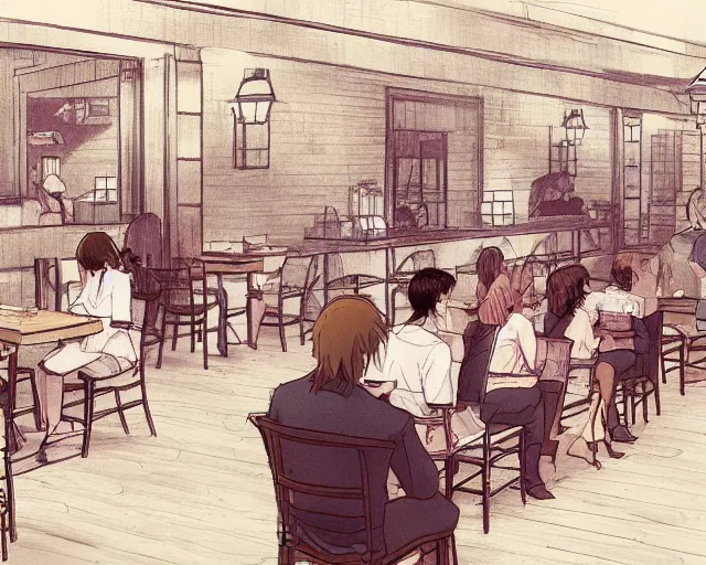 Prompt: a sketch of a girl waiting to be seated at Cracker Barrel, anime scene by Makoto Shinkai