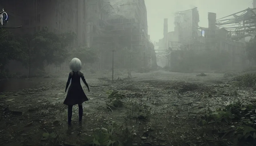 Prompt: nier automata yorha type 2 b walking in post apocalyptic flooded city, rainy melancholy day, dense vegetation, unreal engine, cryengine, epic engine, volumetric lighting, ray tracing, rtx on, exposure, god rays, overcast, ambient lighting, blooming flowers, 3 d render, cinematic, subtle dof