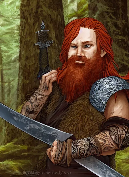 Prompt: 8K, grungy redhead 30-something bearded long haired swordsman holding a short curved sword in a ultradetailed pacific northwest redcedar forest, smooth, sharp focus, illustration. sharp focus, D&D, detailed, intricate, cinematic lighting